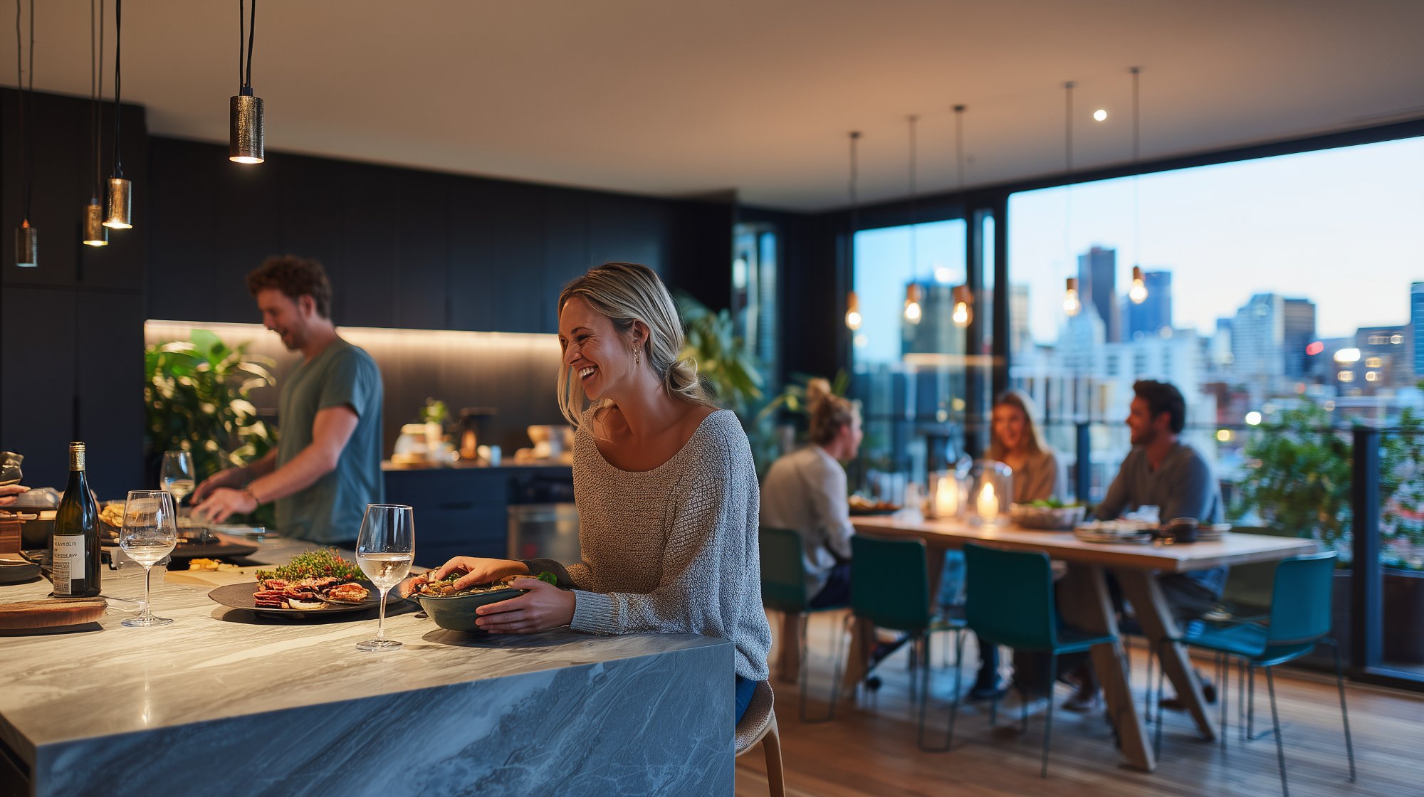 Residents gathering in communal kitchen